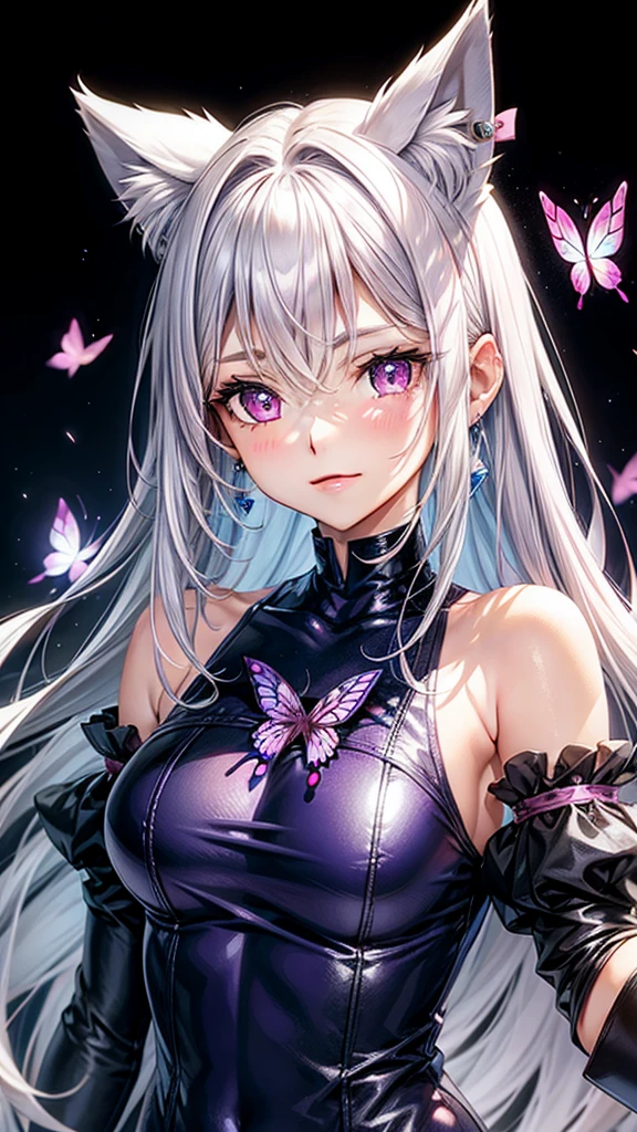 Silver hair, pink eyes, body, cat ears, woman, earrings, cat background, blue purplel clothes, butterfly hair bows, happy face