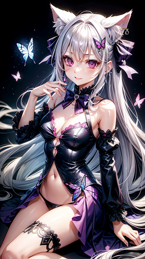 Silver hair, pink eyes, body, cat ears, woman, earrings, cat background, blue purplel clothes, butterfly hair bows, happy face