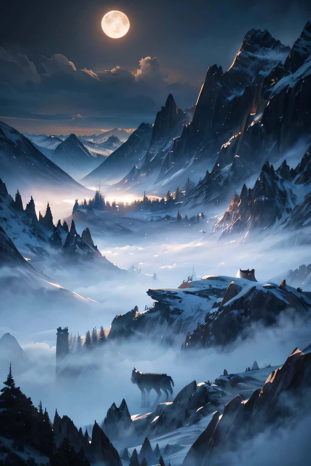 a pack of wolves at night, epic landscape, cinematic lighting, highly detailed, 8k, photorealistic, dramatic sky, moody atmosphere, beautiful scenery, rugged mountains, dense forest, glowing moon, snow-capped peaks, dramatic shadows, cinematic composition, epic scale, ultra-realistic, stunning colors, dramatic lighting, hyper-detailed