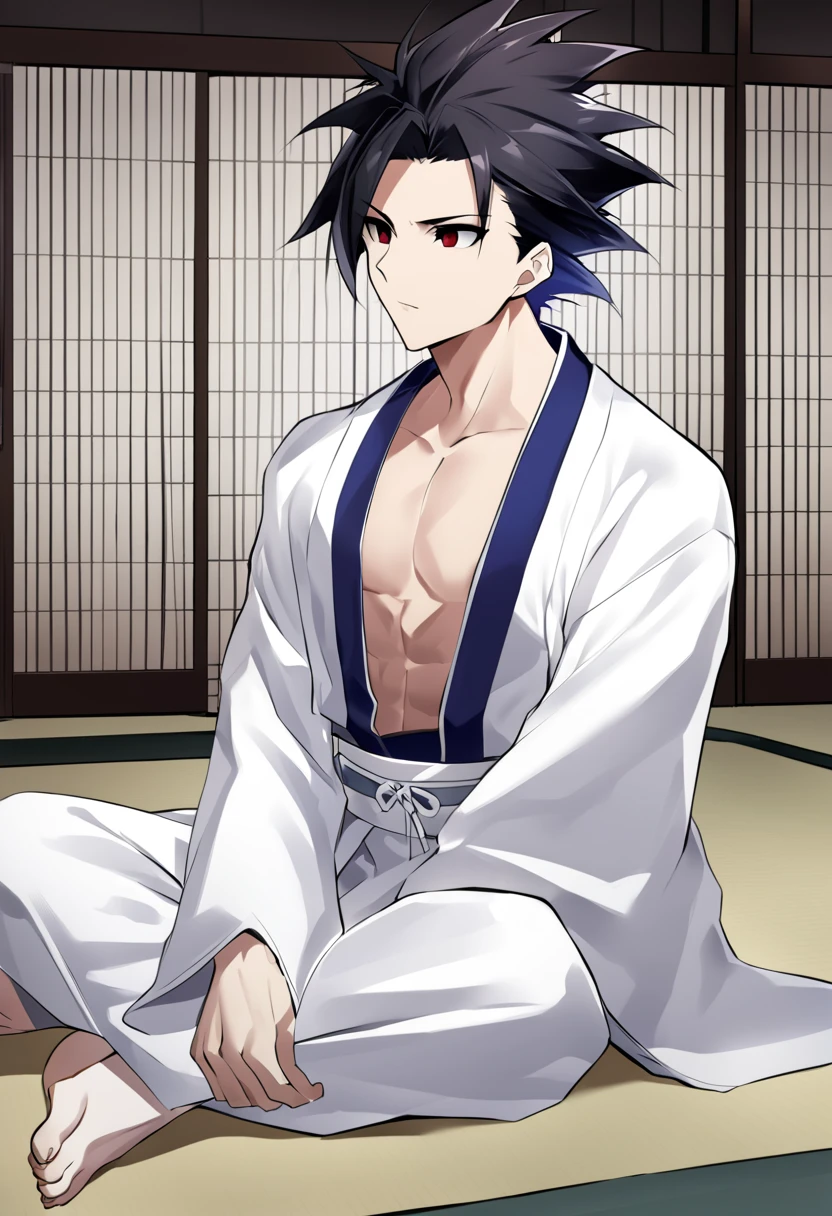 1boy, male focus, ponyzeldris, black hair, short hair, spiked hair, black eyes, red eyes, empty eyes,muscle, wearing white kimono with blue parts, sitting at the the dojo, dojo background, focused expression,closed eyes, Crossed legs