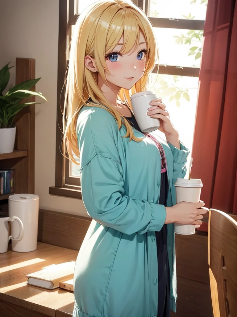 beautiful若い女性, Anime Style, Detailed face, Bright morning light, Bright expression, Casual morning outfit, Soft sleeping habits, Standing by the window where the sunlight pours in, Vivid and warm colors, Cozy bedroom background, Holding a cup of coffee or tea, Morning atmosphere, Very detailed, 8K resolution, Cinema Lighting, Highest quality, Vibrant colors, Instagrammable, beautiful, tendency、blonde