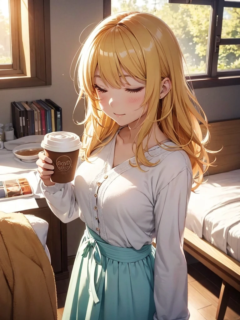 beautiful若い女性, Anime Style, Detailed face, Bright morning light, Bright expression, Casual morning outfit, Soft sleeping habits, Standing by the window where the sunlight pours in, Vivid and warm colors, Cozy bedroom background, Holding a cup of coffee or tea, Morning atmosphere, Very detailed, 8K resolution, Cinema Lighting, Highest quality, Vibrant colors, Instagrammable, beautiful, tendency、blonde