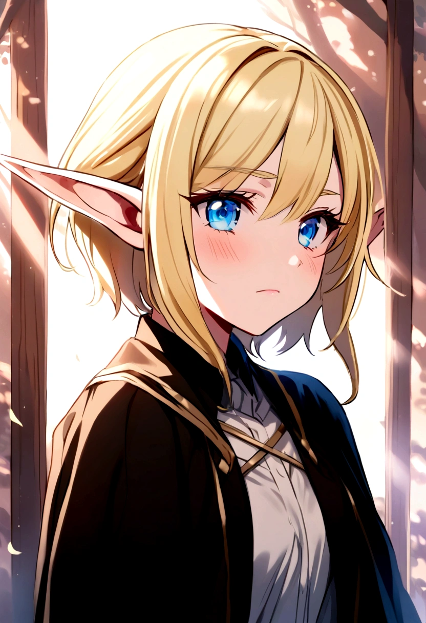 A young elf about 20 years old blonde in a forest fighting with goblins