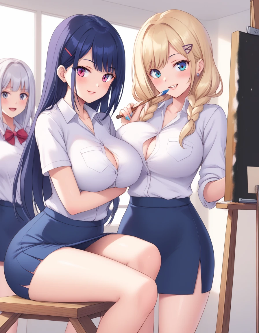 multiple people, 2 girls, art club, easel, paintbrush, big breasts, skirt, shirt, curvy,