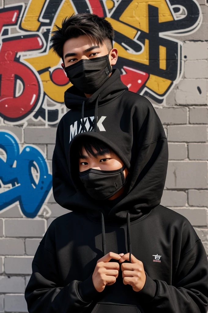 This is a gemer tiktok logo of a teenager with a black sweatshirt that says max gemein on the sweatshirt and with a black mask that covers his entire face and who has asian eyes with a brick wall background and a can of airo sol with a graffiti that says tiktok but that&#39;s all anime style 