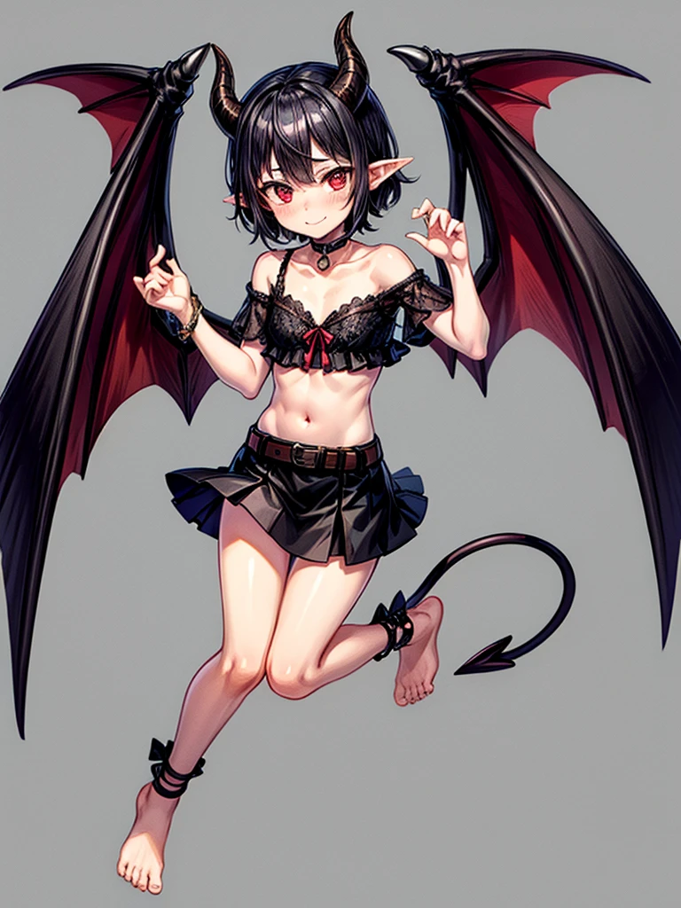 (masterpiece:1.2), (highest quality:1.2), 1girl, solo, horns, Red-eyes, barefoot, navel, skirt, pointy-ears, Black-hair, demon-girl, blush, short-hair, demon-tail, looking-at-viewer, Gray-background, bare-shoulders, smil, full-body, choker, demon-horns, ribbon, naughty-face, collarbone, jewelry, Black-skirt, midriff, hear, bangs, belt, bow, Black-ribbon, see-through, standin, bat-wings, flat-chest, ((miniskirt)), closed-mouth, leg-up, Black-wings, anklet, tsurim, Black-choker, hand-up