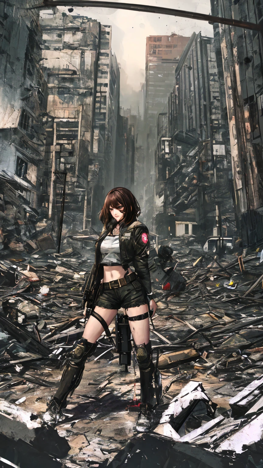 an attractive woman [gunslinger:bounty hunter:0.4] standing in a apocalyptic wilderness (glitchwave style:1) 