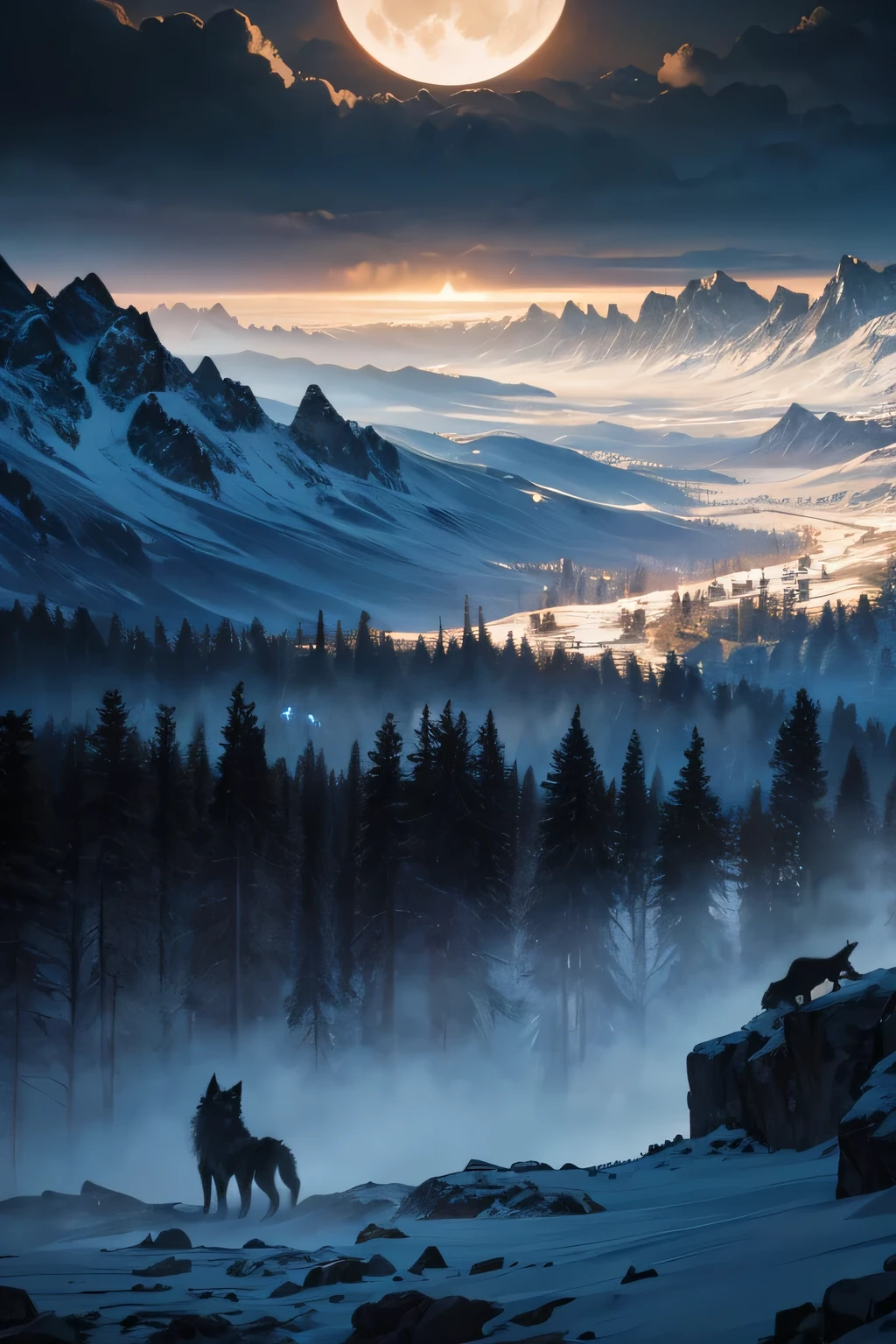 a pack of wolves at night, epic landscape, cinematic lighting, highly detailed, 8k, photorealistic, dramatic sky, moody atmosphere, beautiful scenery, rugged mountains, dense forest, glowing moon, snow-capped peaks, dramatic shadows, cinematic composition, epic scale, ultra-realistic, stunning colors, dramatic lighting, hyper-detailed