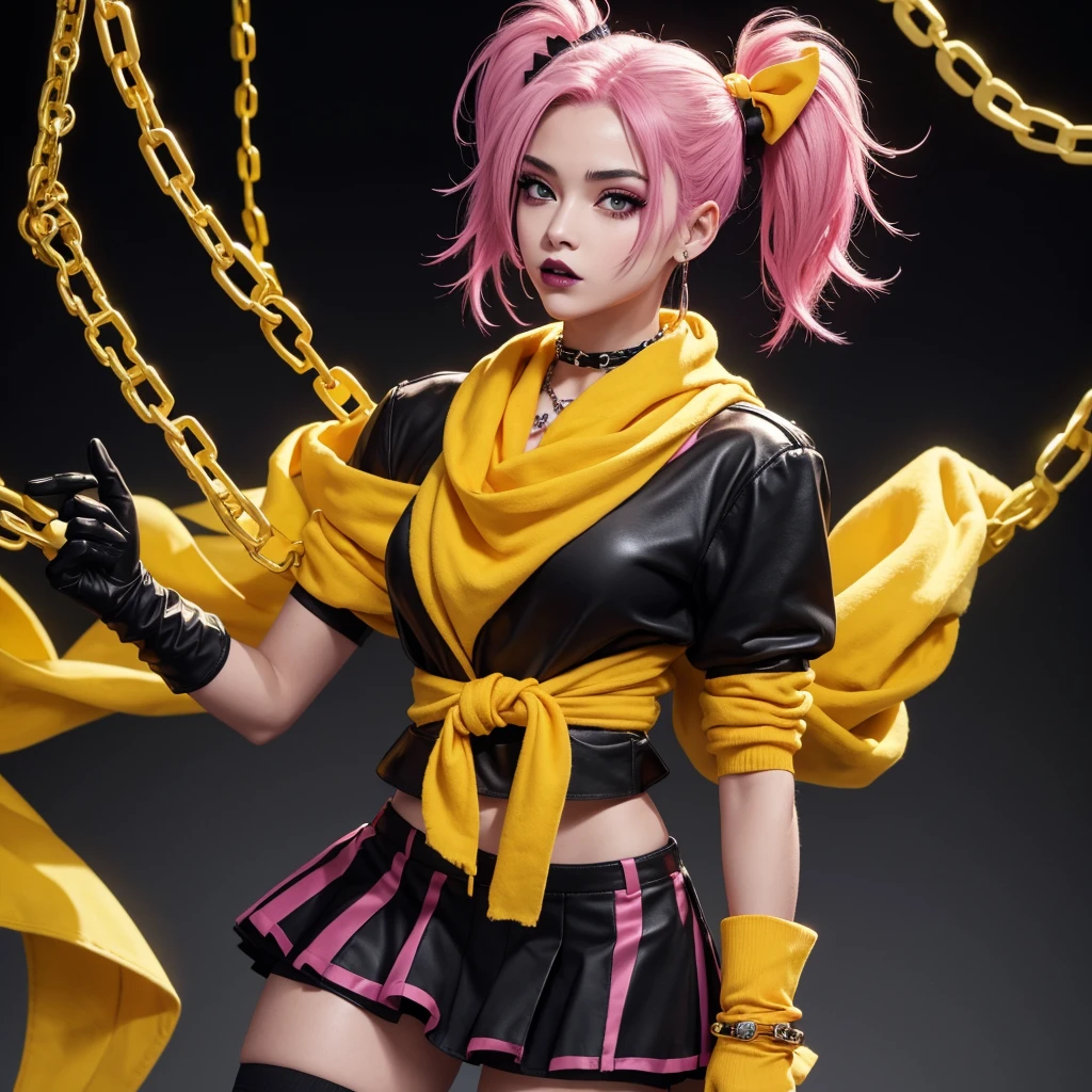 Chica punk,Perfect face,pink hair,red bow that starts on the head and ends at the ankles,black faces,black eyes,BLACK LIPS,black coyar with a heart on its neck,black blouse,yellow and orange skirt,black socks,pink heels,purple gloves that start from the forearm and end in the hand,yellow chains at the waist and on the wrists,yellow plush scarf around the neck
