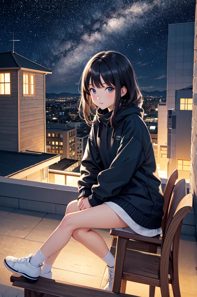 Girl looking at the horizon at night,sitting,starry sky from a building with a camera in hands,al.side a little cat