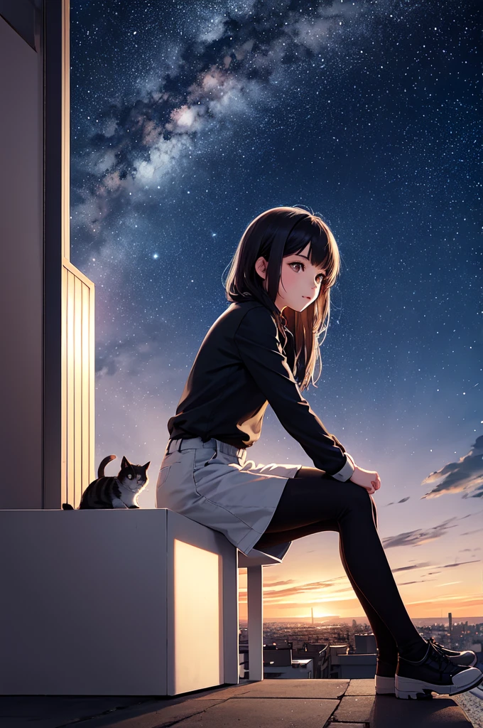 Girl looking at the horizon at night,sitting,starry sky from a building with a camera in hands,al.side a little cat