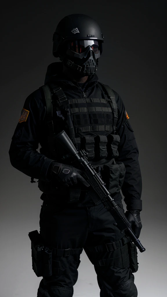 An American special forces soldier, with his face completely covered by a skull mask, with a military helmet that has night vision, and holding a rifle up, full body, completely black, completely white background