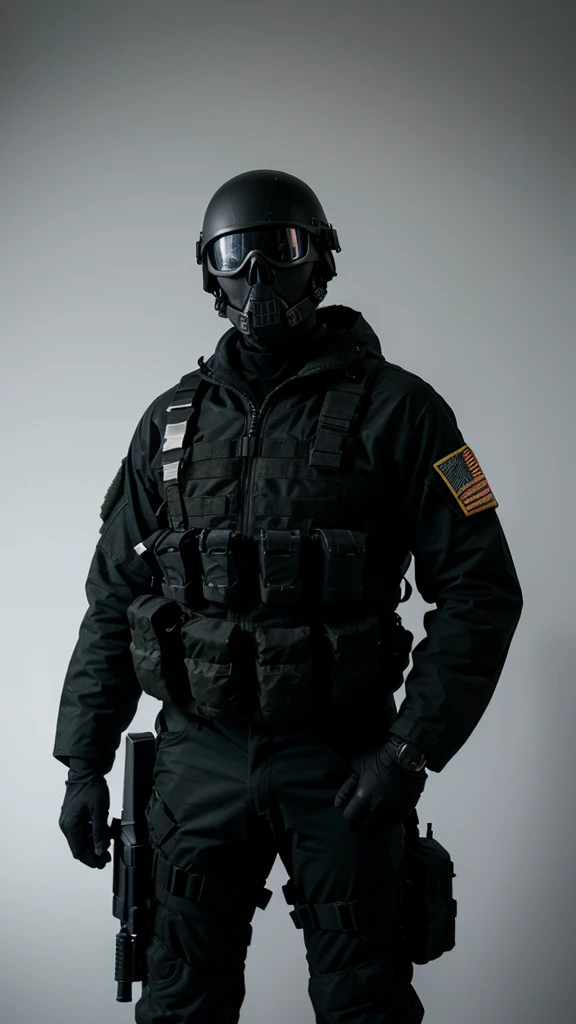 An American special forces soldier, with his face completely covered by a skull mask, with a military helmet that has night vision, and holding a rifle up, full body, completely black, completely white background