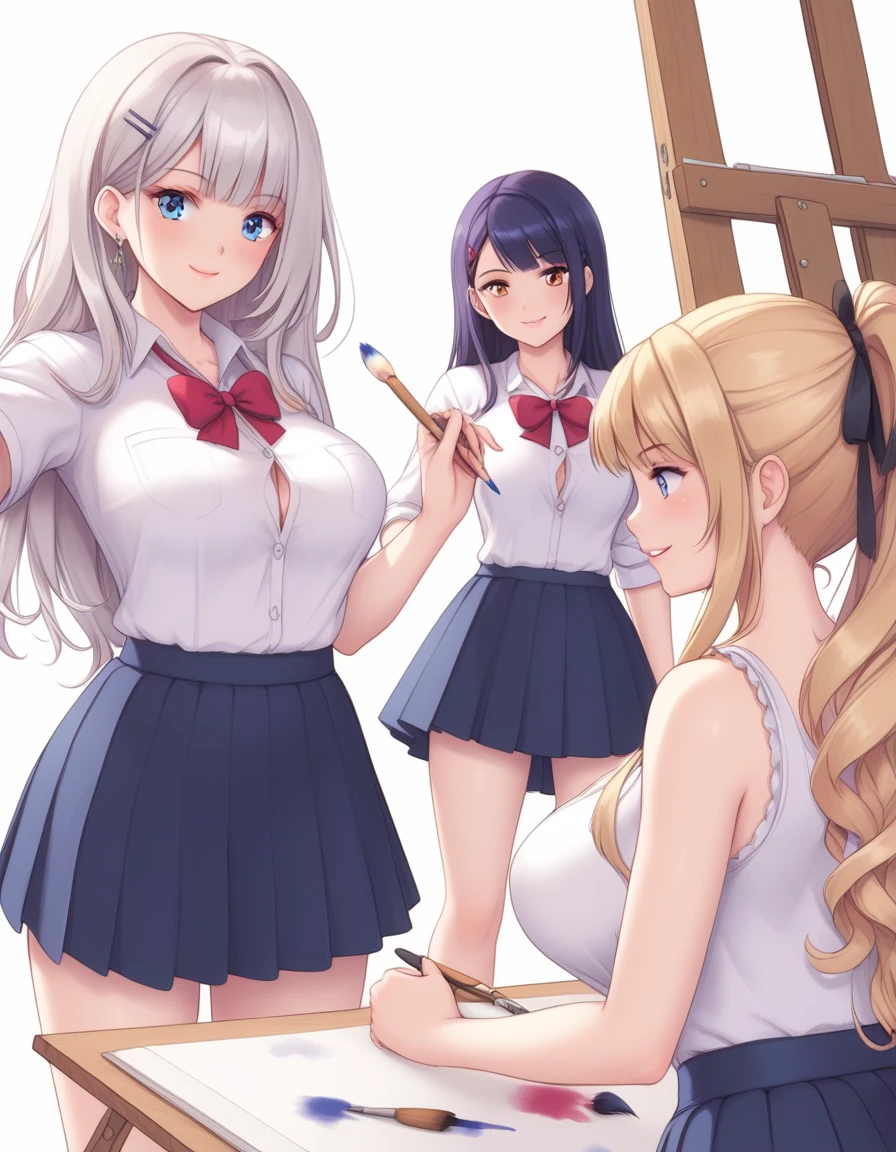 multiple people, 2 girls, art club, easel, paintbrush, big breasts, skirt, shirt,
