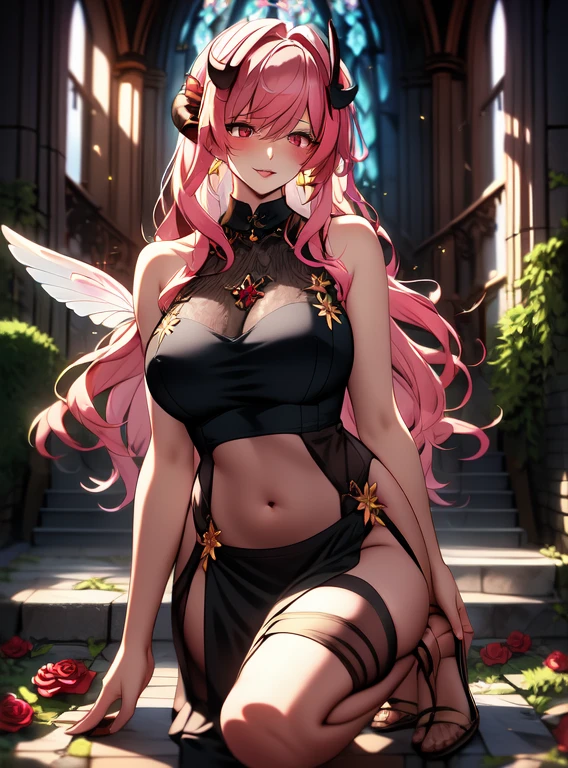 _female, YorForger, jewelry, looking at the viewer, hollow, abyss, church, catholic, angel,fairy,universe, glitter, holo, mary, glint, gradient, overlay, shadow, grand, flowers, sparkle flowers, golden hair, (wings), full body, midriff, shirt, red eyes, hips, navel, sidelocks, golden heels, fog, pink rose, red rose, rosemary, parrot, green wings, water, hair, horns, lips out, galaxy eyes, flowers, garden