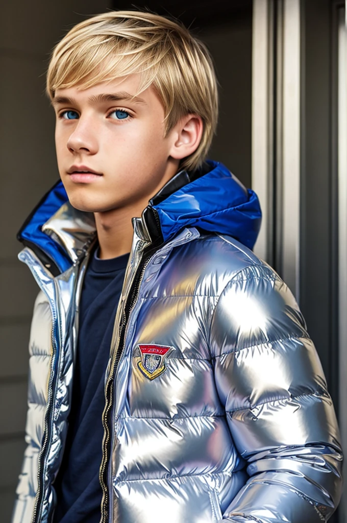 Young blonde boy wearing shiny puffer jacket