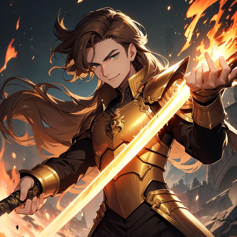 (Absurdres, best high quality)
1gentleman, (golden skin, long brown hair, green eyes, very thin lips), (big bulky golden armor), (holding a huge fire sword with left hand), (upright right hand, closed fist)beautiful male, beautiful face, cheerful smile, love, heroic, grey mountains background, Front shot