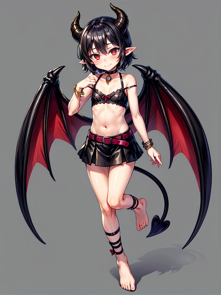 (masterpiece:1.2), (highest quality:1.2), 1girl, solo, horns, Red-eyes, barefoot, navel, skirt, pointy-ears, Black-hair, demon-girl, blush, short-hair, demon-tail, looking-at-viewer, Gray-background, bare-shoulders, smil, full-body, choker, demon-horns, ribbon, naughty-face, collarbone, jewelry, Black-skirt, midriff, hear, bangs, belt, bow, Black-ribbon, see-through, standin, bat-wings, flat-chest, ((miniskirt)), closed-mouth, leg-up, Black-wings, anklet, tsurim, Black-choker, hand-up
