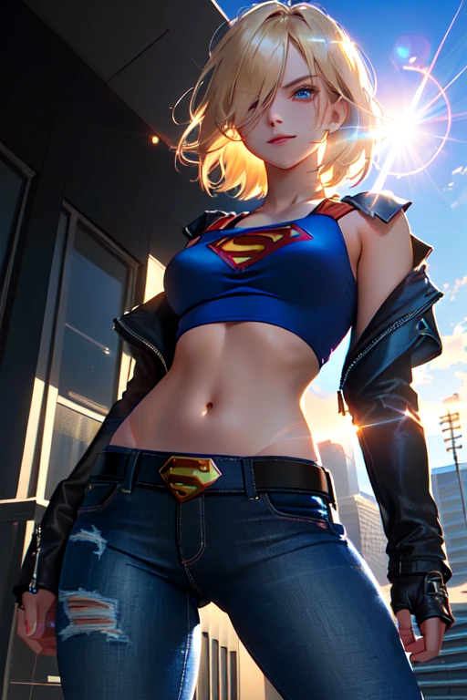 Supergirl, (tanned young woman, (blonde, blue colored eyes, short hair covering one eye, tanned skin with panty lines, perfectbody, perky breasts, hardnipples), red lipgloss stick, (black leather jacket, with small Superman symbol on the arm, yellow Seperman symbol embroidered on the back, tight blue tank top with small Superman symbol on the left side of the chest, exposed abdomen, black leather belt, low waist jeans, Vemeho sneakers), Masterpiece artwork, high qualiy, back-illuminated)) natural lighting, high qualiy, Masterpiece artwork , hair blonde, hair over one eye, glare eyes, glare eyes, seducing smile, Hyper-Realism, image fill, Lens flare, from behind olhando para a camera, precise, anatomically correcte, texturized skin, super detaill, hair blonde, hair over one eye, glare eyes , glare eyes, seducing smile, Hyper-Realism, image fill, under, Lens flare, from behind, from behind, 8K, uhd, 8K, precise, uhd, anatomically correcte, texturized skin, super detaill, 8