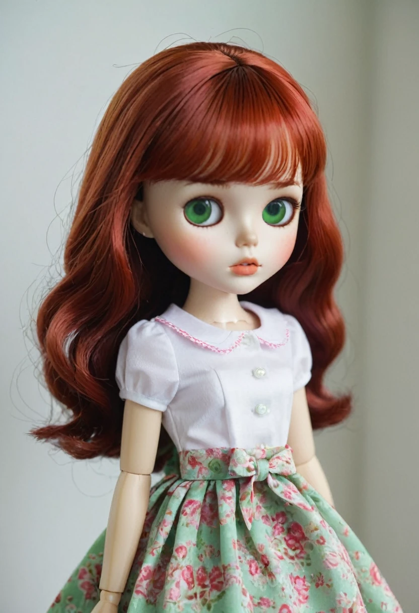 Blythe doll with curly red hair, bangs, green eyes and thin eyebrows  