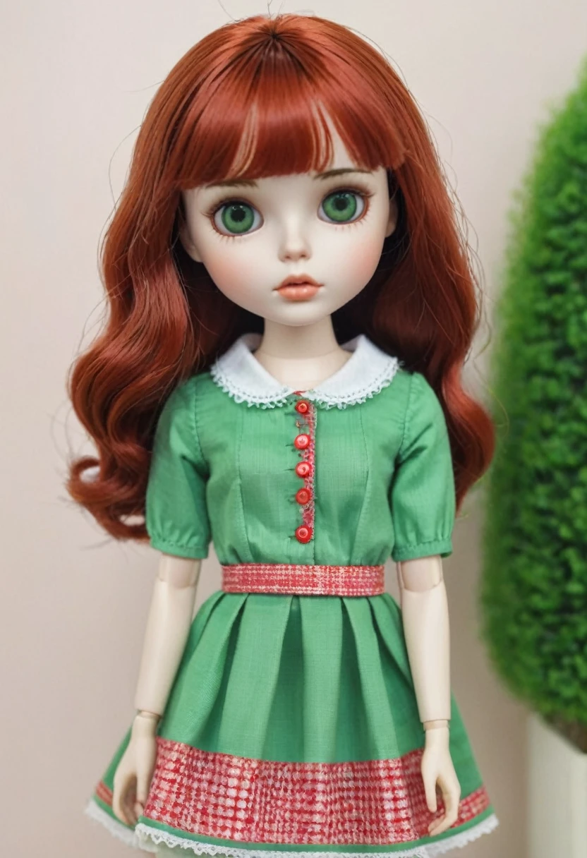 Blythe doll with curly red hair, bangs, green eyes and thin eyebrows