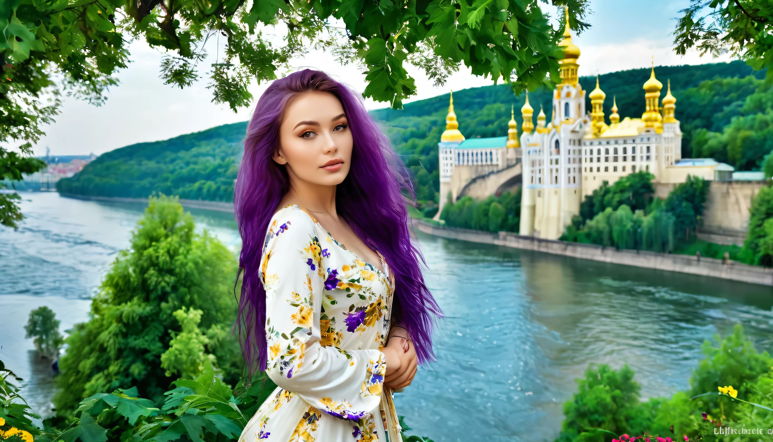 hdr digital image, 8K, most beautiful image in the world, high walls, ivory white walls with gold, Kyiv, a big and deep river, surrounded by tall trees, floral flowers colorful, a golden tower in the background, a beautiful young Ukrainian woman, 30years, fluffly, long purple hair, near the river