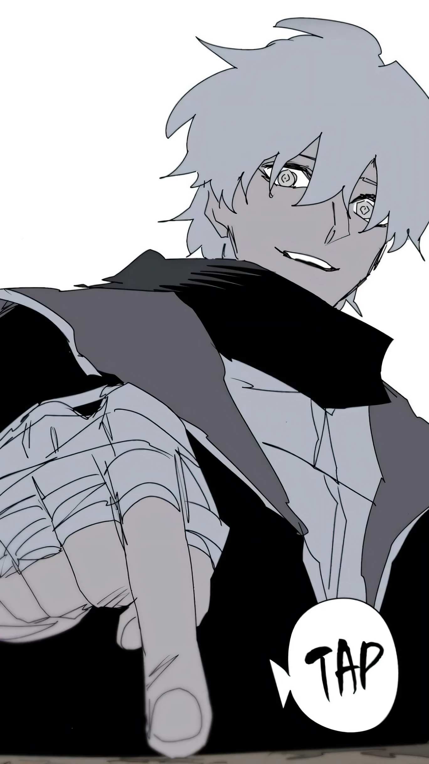 Young man with white hair wears a cloak, In one hand he carries a white sniper, on your feet to a plank (silver surfer guy) there is an eclipse in the background