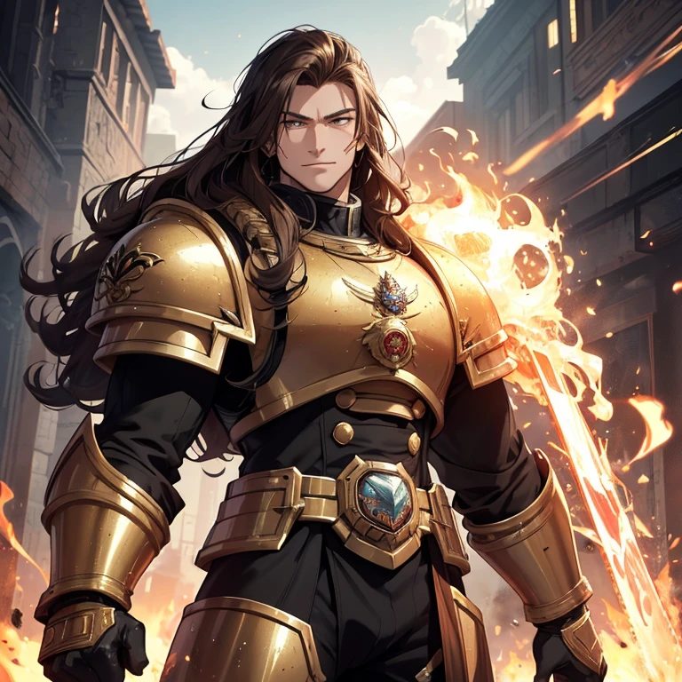 (Absurdres, best high quality)
(1 GiantGentleman 1000 years old), (bright golden skin ,long brown hair, sparkling green eyes), (giant bulky golden space marine armor from Warhammer 40K style), (holding a huge fire sword with left hand), (upright right hand, closed fist) handsome king, handsome face, strong male features, cheerful smile, lovely king, heroic king, grey mountains background, Front shot