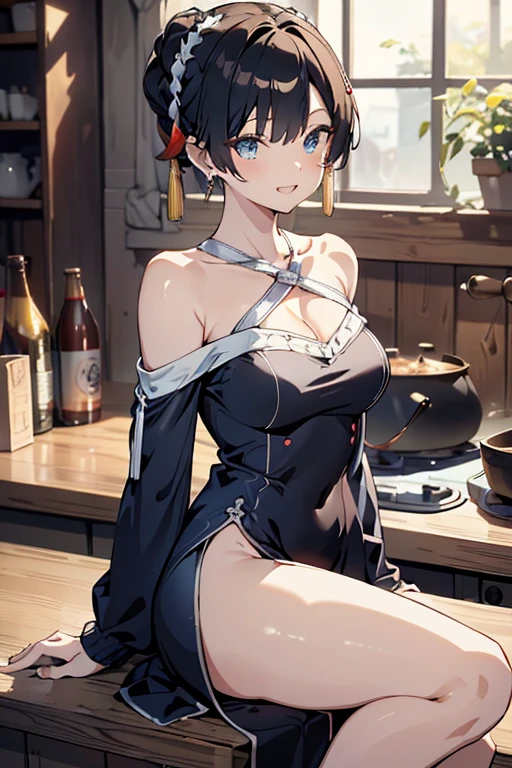 (dynamic angle:1.3, front view:1.1, breast focus:1.3, from below:1.2), (dynamic posing:1.5, sexy posing:1.3, leaning forward), (seductive smiling:1.3),masterpiece, 1girl, (pointed chest:1.3), cleavage:1.1,(double breasted:1.2,under bust:1.2), Amazing Cleavage:1.3, thin waist, big ass, Raised sexy, small breast: 1.2 posed cleavage:1.2、solo, looking at viewer, open mouth, have a grass of beergrass,black hair, blue eyes, bare shoulders, jewelry, collarbone, sidelocks, hairband, earrings, indoors, (red off shoulder sweater dress:1.3), arms behind back, short hair with long locks, blue white hairband, big side hair, very long side hair is rendered in (masterpiece: 1.2, best quality), with (ultra high resolution) and an exquisite (depth of field). This masterpiece is not only visually stunning but also tells,A scene of cooking in the kitchen