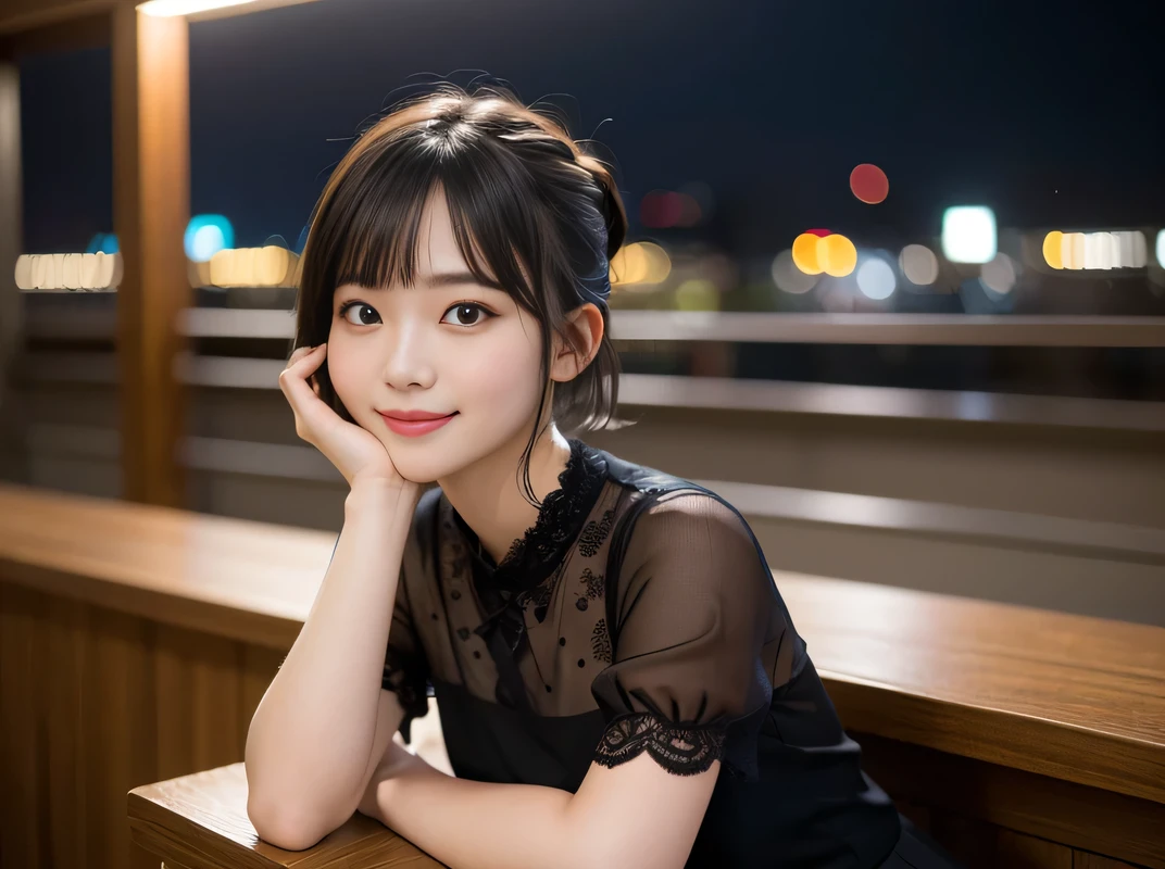 (Highest quality, masterpiece, Ultra-high resolution, 8K, RAW Photos, Realistic, Anatomically correct:1.5), (Stainless steel round bar fence:1.0, Put your elbow on the fence:1.2, 20-year-old girl:1.2, Embarrassing, avert your eyes, blush:1.0, View Viewer, ((bar)) 、Night view、 Light:1.2, Bokeh, Cinema Lighting:1.0, Depth of written boundary, sharp、 Cute face、Idol、Black short sleeve lace top、Black pleated skirt、Black clothing、”dwarf”、(Floral clothes)、Full Body Shot、Side angle、Cowboy Shot、 smile、(Ultra short hair、Short ponytail)、(Straight bangs)、((See-through))、(( One Girl))