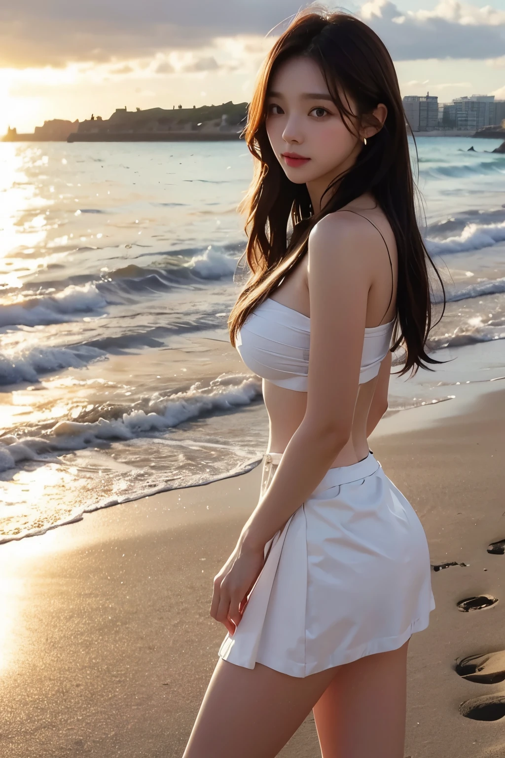 beautiful woman on the beach, wrapped skirt,