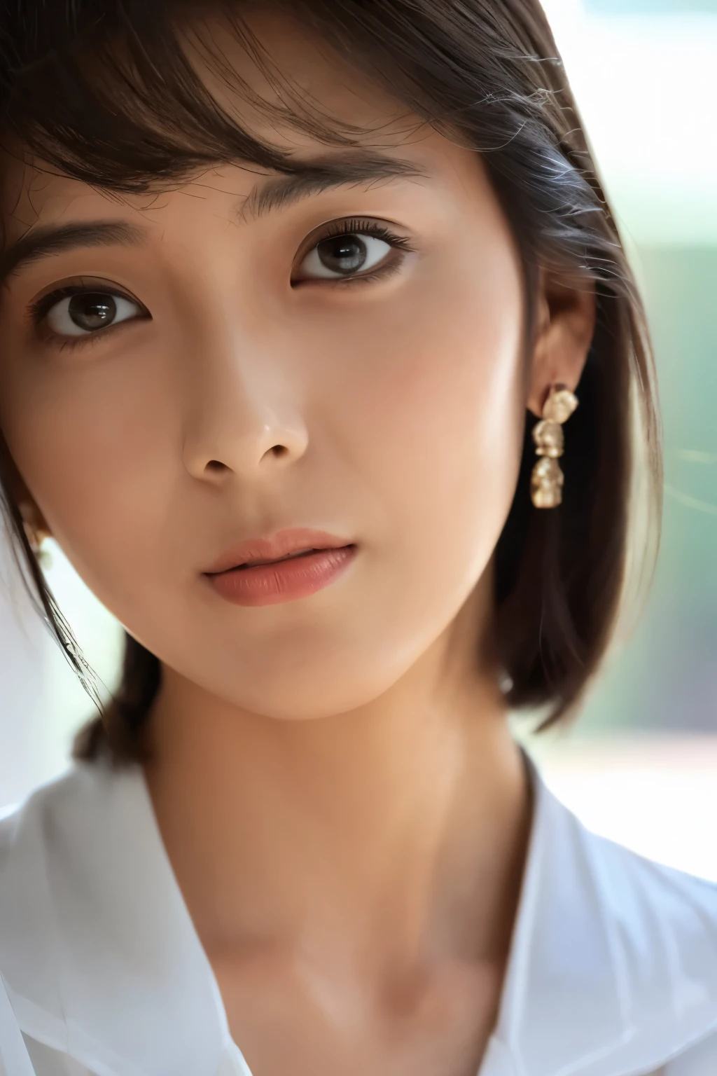 (8k, RAW photos, top quality, masterpiece: 1.2), ultra detailed, super resolution, (real photos: 1.37), portraits, high definition RAW color photos, professional photos, official art, highly detailed CG Unity 8k wallpapers, beautiful Japanese woman, {30|40} years old, highly detailed faces, Highly detailed eyes, highly detailed skin, Highly detailed nose, Highly detailed mouth, Perfect anatomy, Highly detailed background, Highly detailed clothing, One Girl, housewife, realistic body, white skin, radiant skin, slender body, very thin waist, handsome body, brown hair, {short|long} hair, (blunt bangs:1.2), cute face, slight smile, Realistic Face, White shirt with a daring design, Earrings, Camera Gaze, Cowboy Shot, Standing Figure, Dynamic Lighting,