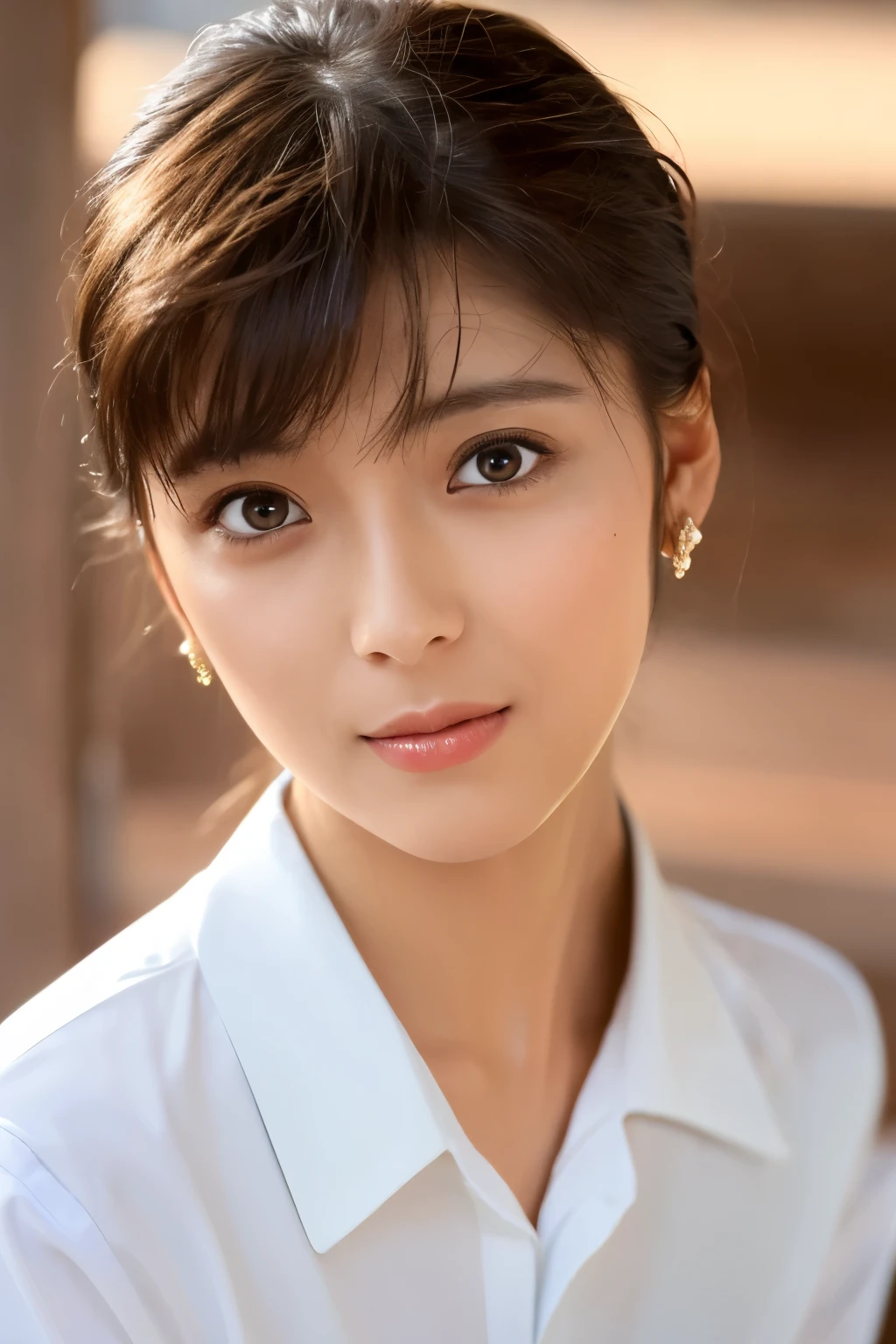 (8k, RAW photos, top quality, masterpiece: 1.2), ultra detailed, super resolution, (real photos: 1.37), portraits, high definition RAW color photos, professional photos, official art, highly detailed CG Unity 8k wallpapers, beautiful Japanese woman, {30|40} years old, highly detailed faces, Highly detailed eyes, highly detailed skin, Highly detailed nose, Highly detailed mouth, Perfect anatomy, Highly detailed background, Highly detailed clothing, One Girl, housewife, realistic body, white skin, radiant skin, slender body, very thin waist, handsome body, brown hair, {short|long} hair, (blunt bangs:1.2), cute face, slight smile, Realistic Face, White shirt with a daring design, Earrings, Camera Gaze, Cowboy Shot, Standing Figure, Dynamic Lighting,