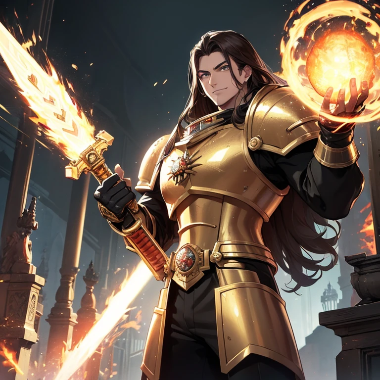 (Absurdres, best high quality)
(1 GiantGentleman 1000 years old), (bright golden skin ,long brown hair, sparkling green eyes), (giant bulky golden space marine armor from Warhammer 40K style), (holding a huge fire sword with left hand), (upright right hand, closed fist) handsome king, handsome face, strong male features, cheerful smile, lovely king, heroic king, grey mountains background, Front shot