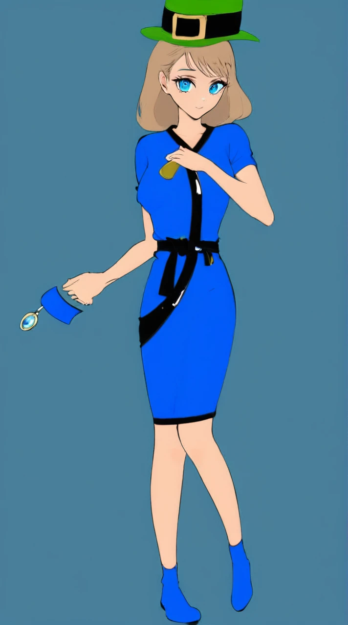 A woman with blue eyes and a blue kimono with a hat