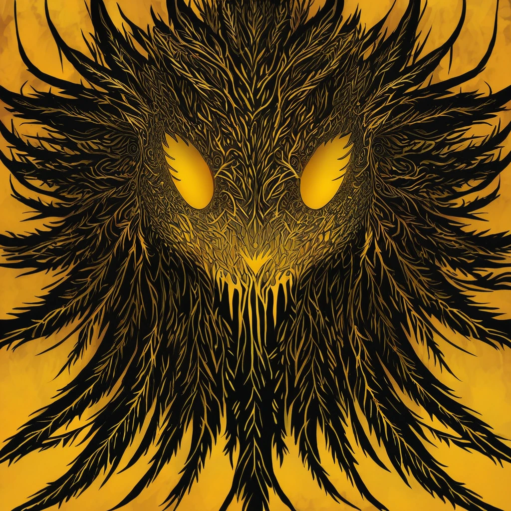 Pterra with golden-yellow and golden-brown color palette with background in nightmare fuel art style