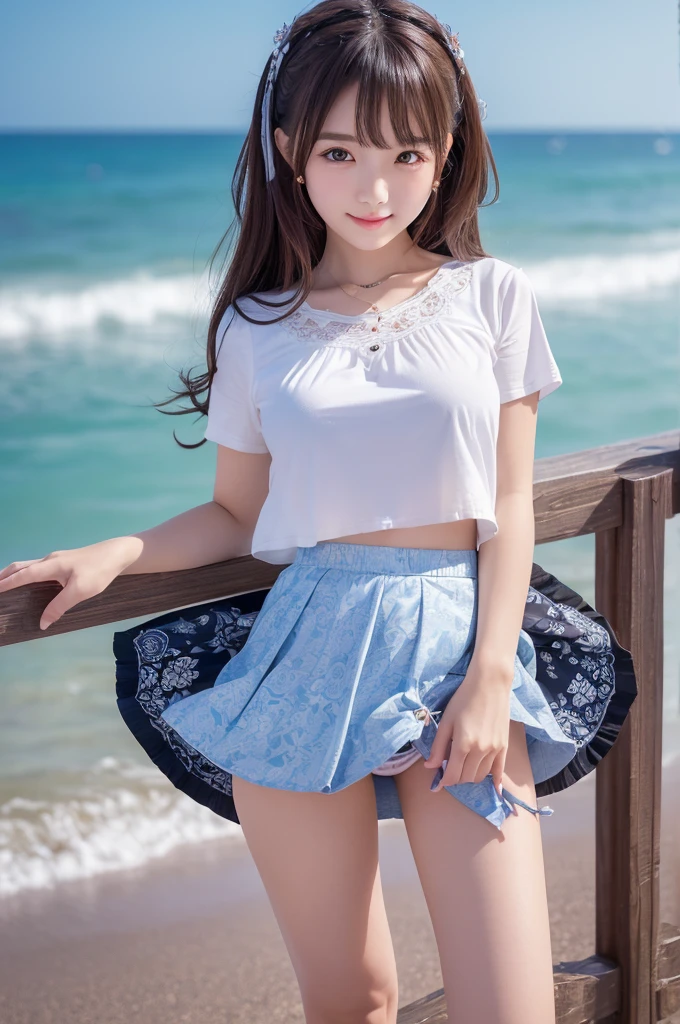 masterpiece)), ((best quality)), (ultra-detailed), ((kawaii)), cute, (lovely), ((extremely detailed)), 4K, (8K), best quality, (beautiful), beach, sea , night, a cute girl, solo, , short sleeve , (Flirtingly lifting her skirt to show her panties:1.3),