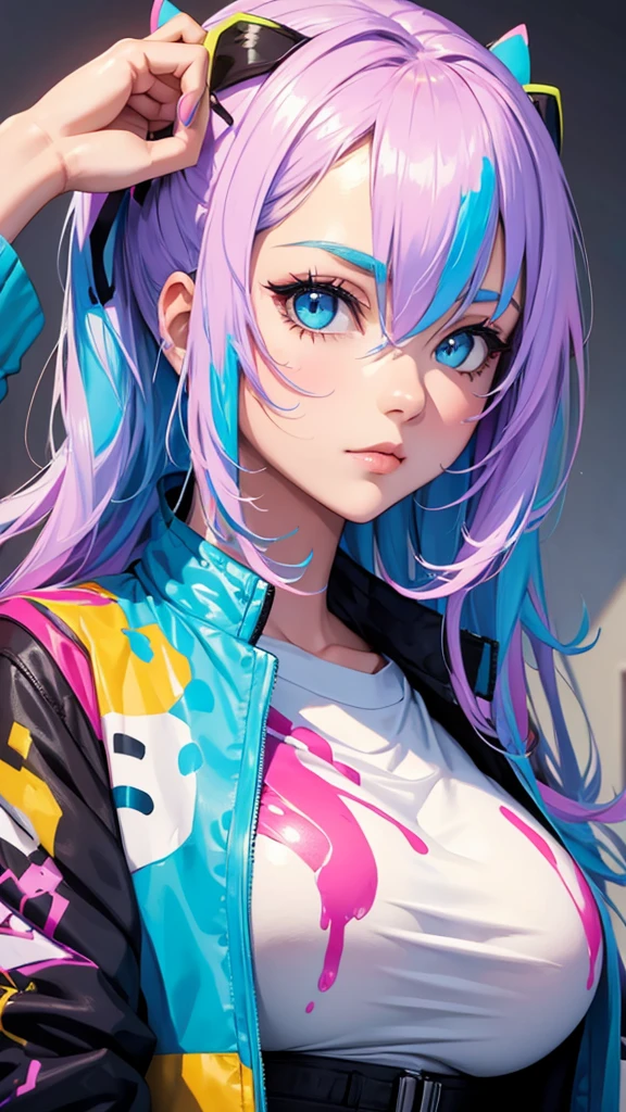 Beautiful girl, beautiful face, paint, colorful, shirt, jacket, big breasts,