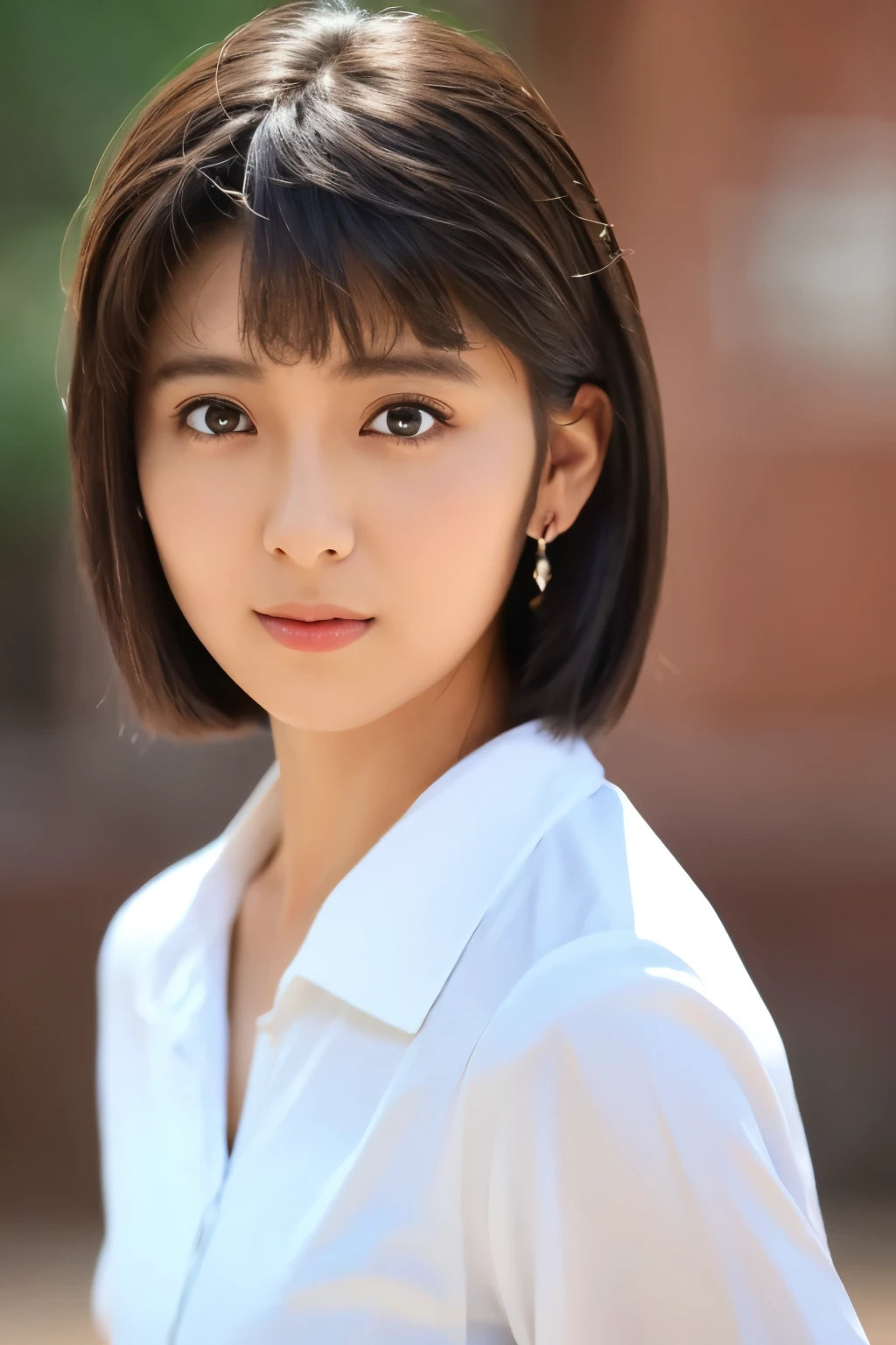 (8k, RAW photos, top quality, masterpiece: 1.2), ultra detailed, super resolution, (real photos: 1.37), portraits, high definition RAW color photos, professional photos, official art, highly detailed CG Unity 8k wallpapers, beautiful Japanese woman, {30|40} years old, highly detailed faces, Highly detailed eyes, highly detailed skin, Highly detailed nose, Highly detailed mouth, Perfect anatomy, Highly detailed background, Highly detailed clothing, One Girl, housewife, realistic body, white skin, radiant skin, slender body, very thin waist, handsome body, brown hair, {short|long} hair, (blunt bangs:1.2), cute face, slight smile, Realistic Face, White shirt, Earrings, Camera Gaze, Cowboy Shot, Standing Figure, Dynamic Lighting,