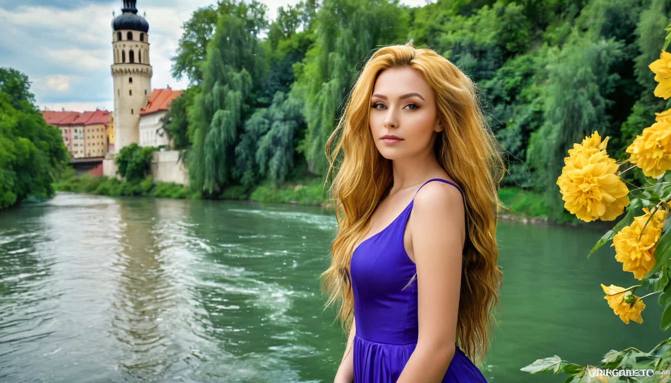 hdr digital image, 8k, most beautiful image in the world, high walls, ivory white walls with gold, a large and deep river, surrounded by tall trees, colorful flowers, a golden tower in the background, a beautiful young Ukrainian woman, 30 years old, cute, long purple hair, near the river