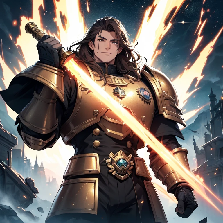 (Absurdres, best high quality)
(1 GiantGentleman 1000 years old), (bright golden skin ,long brown hair, sparkling green eyes), (giant bulky golden space marine armor from Warhammer 40K style), (holding a huge fire sword with left hand), (upright right hand, closed fist) handsome king, handsome face, strong male features, cheerful smile, lovely king, heroic king, grey mountains background, Front shot