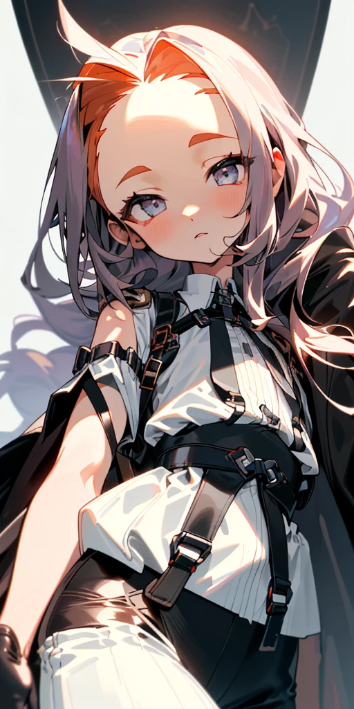 1 girl、one person、skinny body shape、orange hair、beautiful lilac eyes、intense joy on the face、upper body close-up, ((highest quality、masterpiece、((detailed))、1 cute girl、beautiful face、beautiful anime、1girl、young girl、 solo、long hair、cute bangs、 (forehead:1.2)、 athletic、 neutral、 (overcoat、black coat、 open coat:1.2)、white shirt、 collared shirt、 (chest harness、 shoulder strap:1.15)、 black leather Pants、garter belt、gloves、from below、elegant、 looking at viewer、standing、Isometric light、 (close-up to face:1.3)、4k