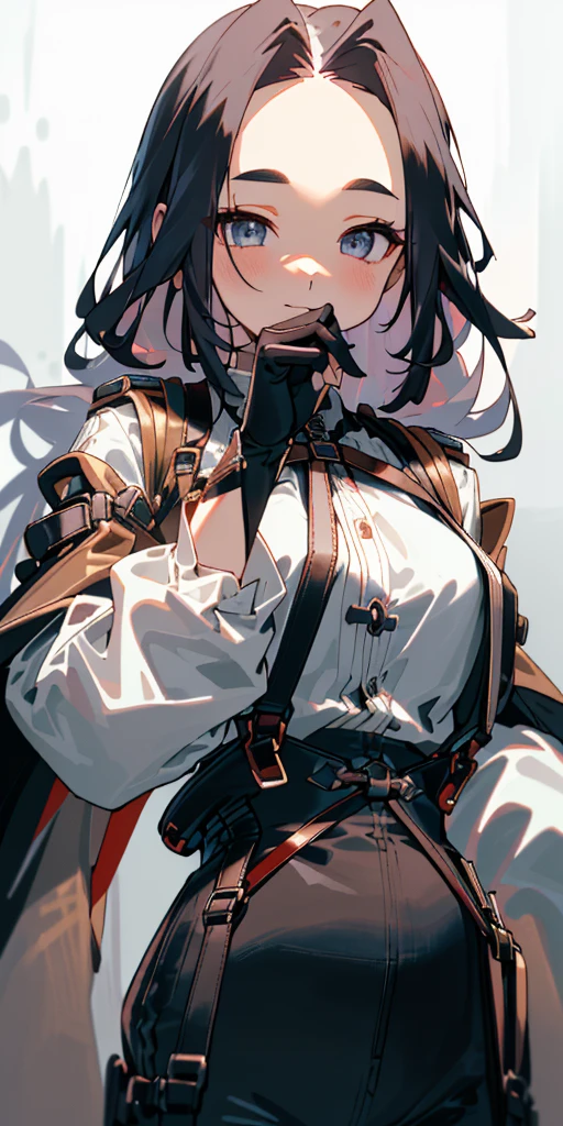 1 girl、one person、skinny body shape、orange hair、beautiful lilac eyes、intense joy on the face、upper body close-up, ((highest quality、masterpiece、((detailed))、1 cute girl、beautiful face、beautiful anime、1girl、young girl、 solo、long hair、cute bangs、 (forehead:1.2)、 athletic、 neutral、 (overcoat、black coat、 open coat:1.2)、white shirt、 collared shirt、 (chest harness、 shoulder strap:1.15)、 black leather Pants、garter belt、gloves、from below、elegant、 looking at viewer、standing、Isometric light、 (close-up to face:1.3)、4k