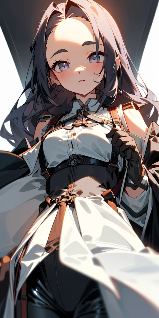1 girl、one person、skinny body shape、orange hair、beautiful lilac eyes、intense joy on the face、upper body close-up, ((highest quality、masterpiece、((detailed))、1 cute girl、beautiful face、beautiful anime、1girl、young girl、 solo、long hair、cute bangs、 (forehead:1.2)、 athletic、 neutral、 (overcoat、black coat、 open coat:1.2)、white shirt、 collared shirt、 (chest harness、 shoulder strap:1.15)、 black leather Pants、garter belt、gloves、from below、elegant、 looking at viewer、standing、Isometric light、 (close-up to face:1.3)、4k