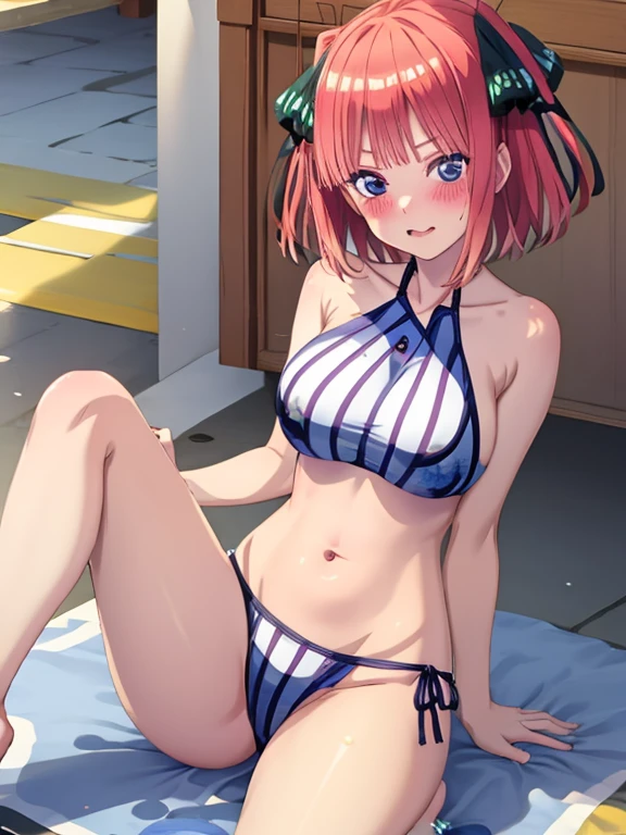 best quality, insanely detailed, nino nakano,  breasts, blush, swimsuit, halterneck, striped, flower print swimsuit, 