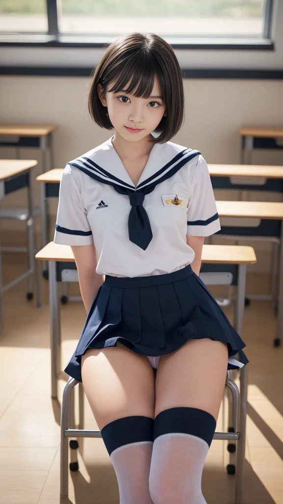 (happy expression:1.26)、RAW photo、(((Ultimate beauty full body photo shoot)))、((glowing skin))、1 girl、 old beautiful girl in Prague、10th generation、primary school student、young、Young Face、bright look、detailed face、bewitching、((black haired、short cut hair:1.2))、skirt、View from the floor、(Light blue and white striped long socks:1.2)、(thigh-high socks:1.2)、((sailor suit、uniform、Mini skirt:1.5))、(Micro Skirt、high waist)、(Sitting on a chair with elbows on a school desk and legs wide open:1.2)、((She opens her legs and shows me her panties.:1.5))、(see through panties:1.5)、((standing on tiptoe))、counter point shot、((super detailed))、(Perfectly detailed face)、(detailed hands)、(finger details)、(excellent human structure)、photorealistic imageasterpiece、最high quality、super detailed、film light、intricate details、High resolution、very detailed))、detailed background、8 KUHD、Digital single-lens reflex camera、soft light、high quality、film grain、Fujifilm XT3 、shallow depth of field、natural soft light、Kamimei、classroom、View from slightly below、NSFW、pantie
