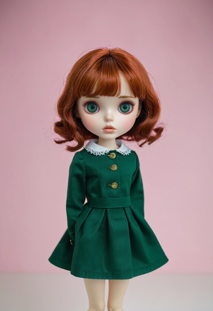 Blythe doll with curly red hair, bangs, dark green eyes and thin eyebrows