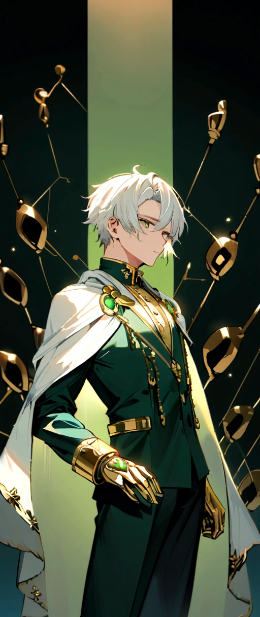 25 year old man, worked texture, dark green tuxedo with white cape and gold buttons, short unruly white hair, peach skin, jade eyes, Wears gold accessories with gold hands floating around him... 
