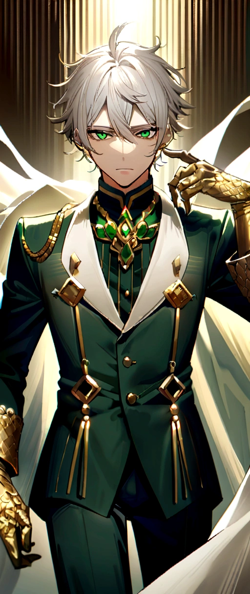 25 year old man, worked texture, dark green tuxedo with white cape and gold buttons, short unruly white hair, peach skin, jade eyes, Wears gold accessories with gold hands floating around him...