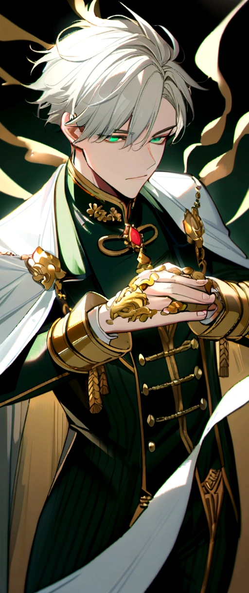 25 year old man, worked texture, dark green tuxedo with white cape and gold buttons, short unruly white hair, peach skin, jade eyes, Wears gold accessories with gold hands floating around him...